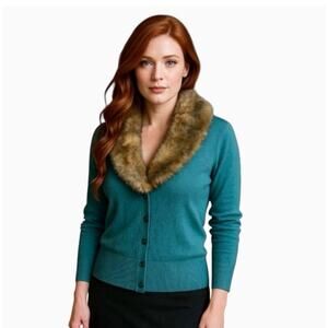 CAbi Teal Turquoise Faux Fur Trim Tearoom Cardigan -Size M